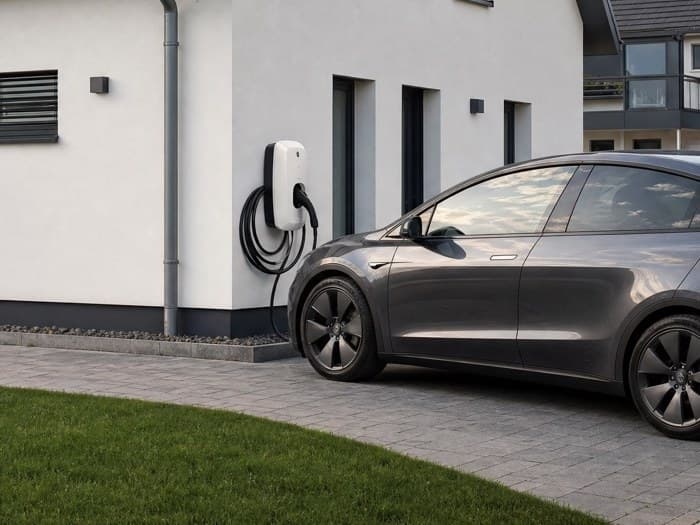 Wallbox mit Ladekabel an der Hauswand, davor ein angeschlossenes Elektroauto